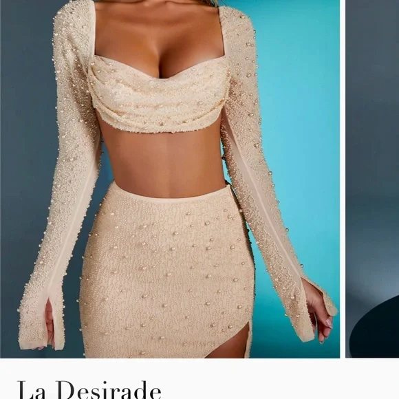 NWOT Oh Polly Champagne embellished Beaded Long Sleeve Crop Top size 2 - Picture 3 of 13